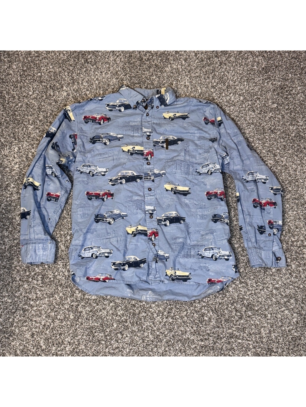 Vintage North River Classic Car Print Button-Up Shirt XL